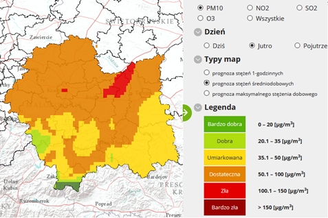 Prognozowane na dzień 28.01.2020 r. przekroczenie poziomu informowania dla pyłu PM10 